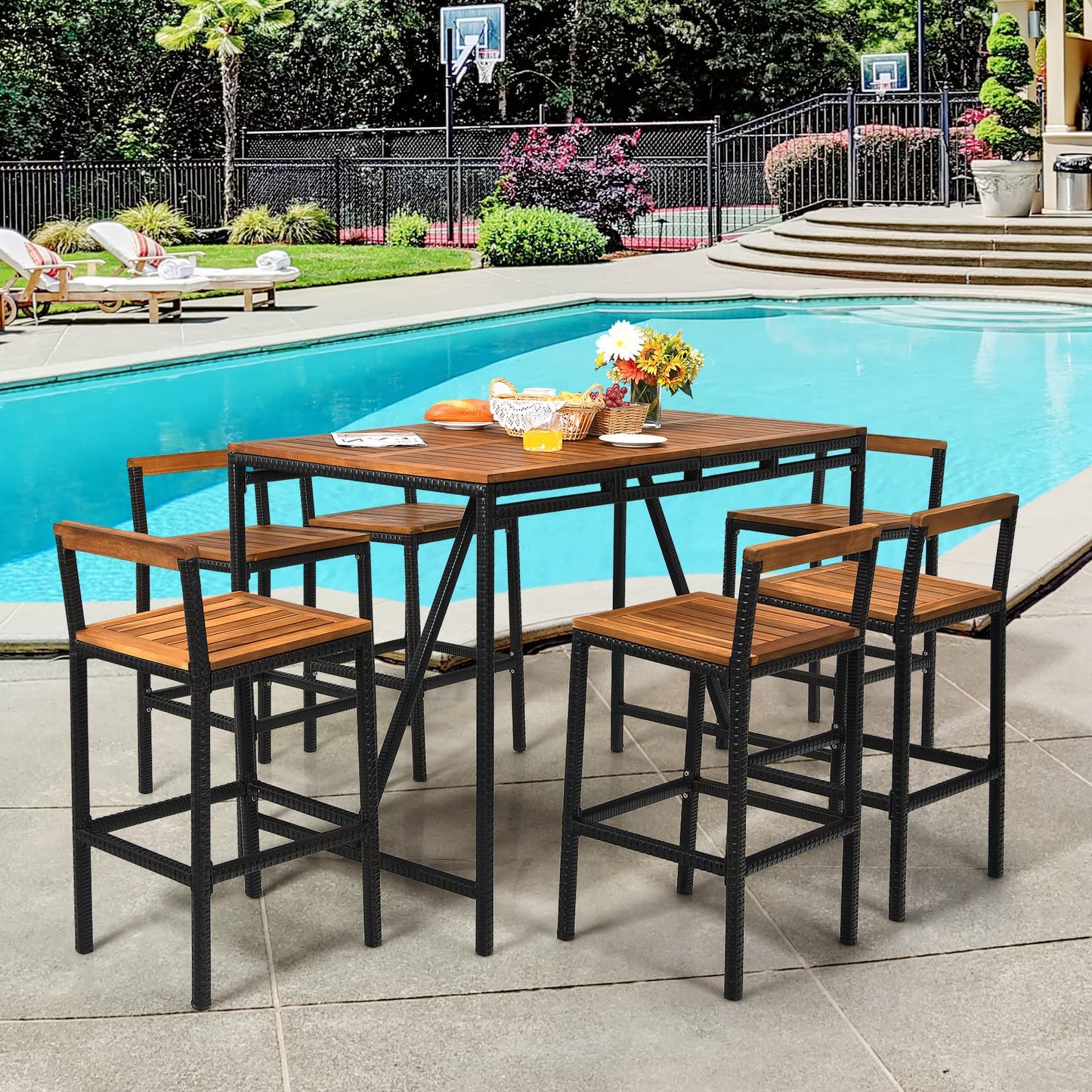 7-Piece HAPPYGRILL Acacia Wood Patio Bar Set with Umbrella Hole and 6 Ergonomic Stools