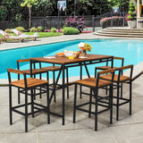 7-Piece HAPPYGRILL Acacia Wood Patio Bar Set with Umbrella Hole and 6 Ergonomic Stools HAPPYGRILL