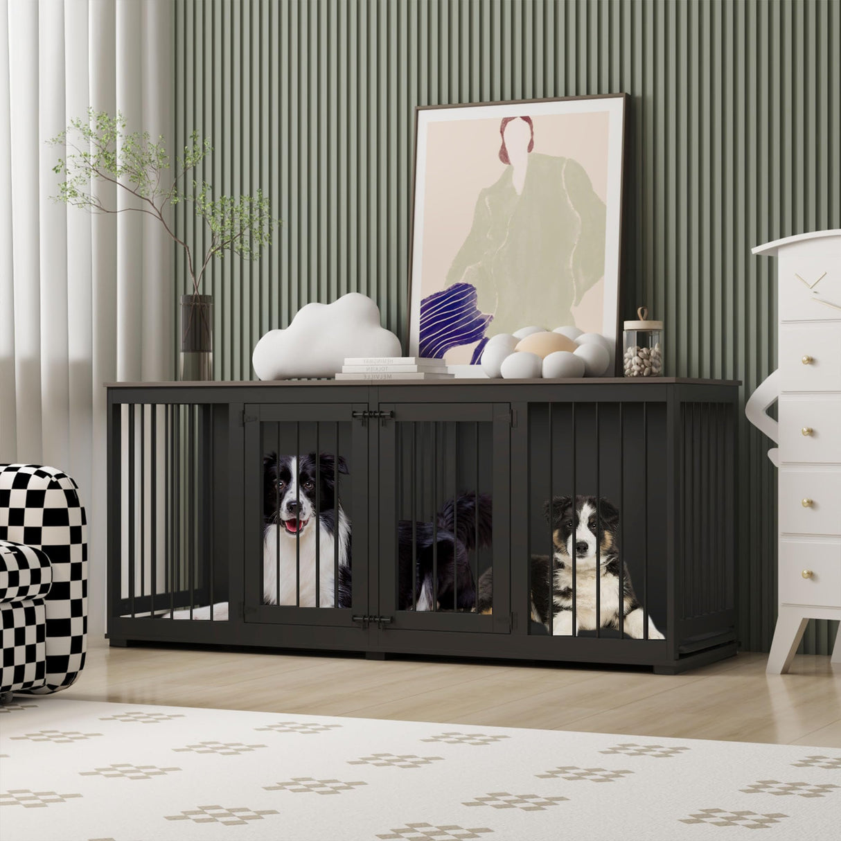 Timechee Dog Cage Furniture, 70" Furniture Dog Crate, Modern Furniture Style Dog Crate with Divider and 2 Trays, Multi-Functional Dog House for Medium Dog, Indoor Double Crate for 2 Dogs, Black Timechee