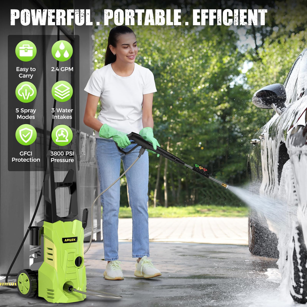 Electric Pressure Washer - GUIFIN Portable Power Washer with Soap-Adjustable Tank, Steel Spray Wand, 4 Pressure Tips, 6.6 FT Inlet & 23 FT Outlet Hose, 3800PSI & 2.4GPM, for Patio/Car/Driveway/Fence GUIFIN