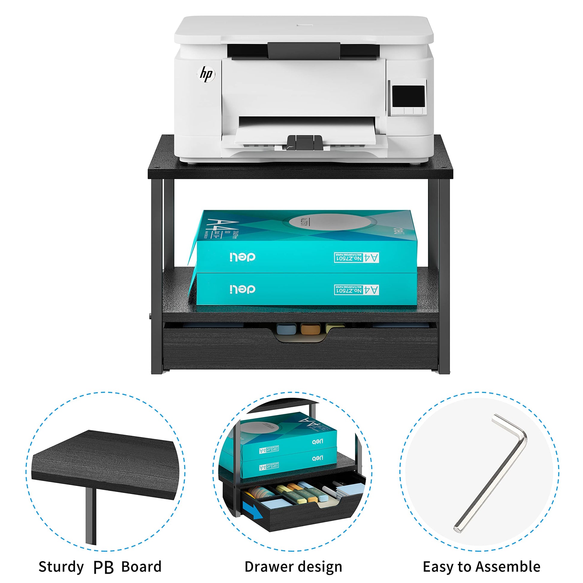 Simple Trending 2 Tier Desktop Printer Stand with Sliding Wood Storage Drawer, Multi-Purpose Desk Organizer for Fax Machine, Scanner, Files, Books, Black - WoodArtSupply