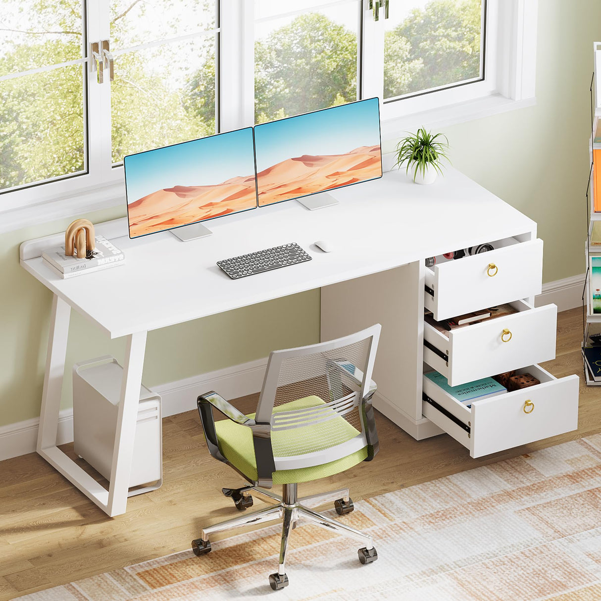 Tribesigns White Computer Desk with Drawers: 55 Inches Modern Home Office Desk with Storage, Small Wood Study Writing Work Table Workstation for Bedroom, White and Gold Tribesigns