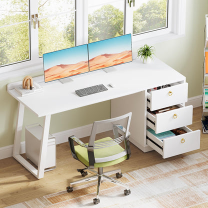 Tribesigns White Computer Desk with Drawers: 55 Inches Modern Home Office Desk with Storage, Small Wood Study Writing Work Table Workstation for Bedroom, White and Gold - WoodArtSupply