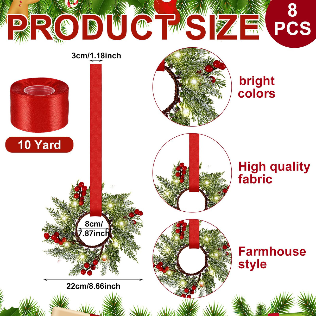 Xinnun 8 Pcs Christmas Kitchen Cabinet Wreaths with LED Lights and Red Ribbons 3.15 Inch Lighted Christmas Door Wreath Artificial Greenery Wreath with Red Berry Small Xmas Wreath for Wall Porch Window Xinnun