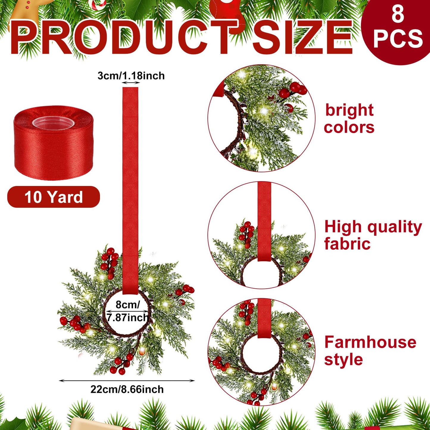 Xinnun 8 Pcs Christmas Kitchen Cabinet Wreaths with LED Lights and Red Ribbons 3.15 Inch Lighted Christmas Door Wreath Artificial Greenery Wreath with Red Berry Small Xmas Wreath for Wall Porch Window