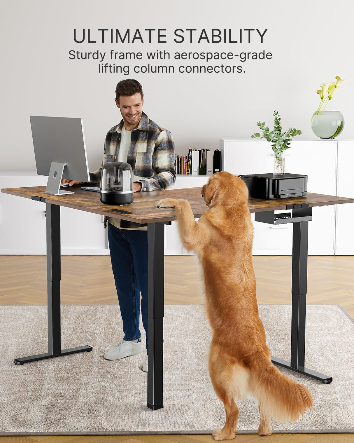 Marsail 63×55 in Electric Corner L-Shaped Standing Desk with 4-in 1 Electical Outlet, Computer Desk with Headphone Hook, Memory Sit Stand up Home Office Table, Ergonomic Gaming Table,Brown Marsail