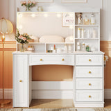Maupvit 47.1" Makeup Vanity with Mirror and Lights,White Vanity Desk with Drawers and Shelves，Large Makeup Table with Glass Top，Bedroom Dressing Table Maupvit