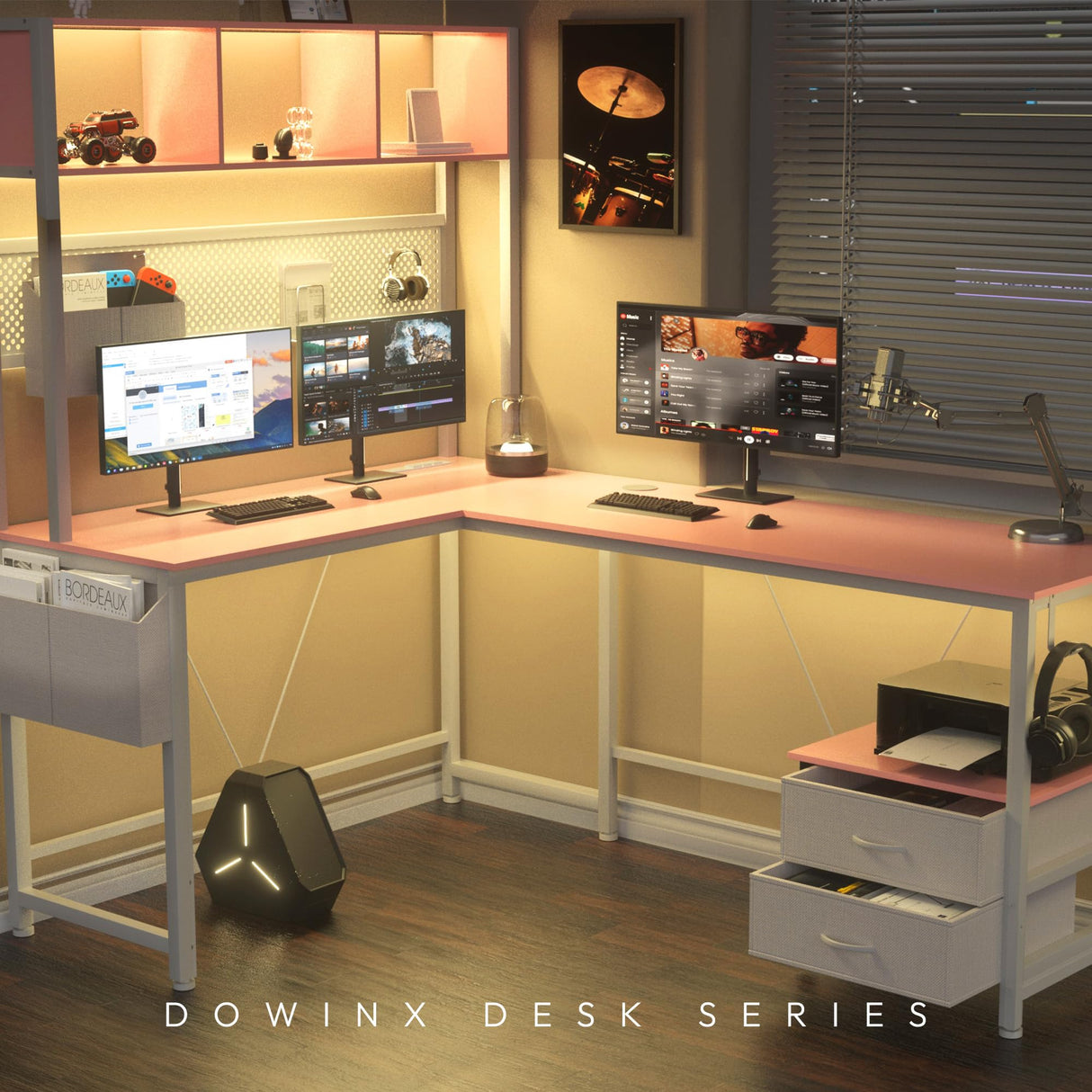 Dowinx L Shaped Desk with Pegboard and Drawers, Reversible 67” Gaming Desk with RGB Light and Power Outlet, Computer Corner Desk with Storage and Hutch for Game Office Home, Pink Dowinx