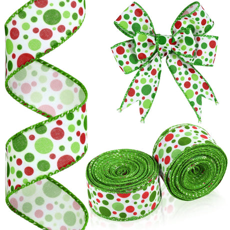 Hanaive 20 Yards Christmas Polka Dot Ribbon Xmas Wired Ribbon Christmas Tree Ribbons Decoration Green Red Polka Dot Printed Christmas Ribbons DIY Decorative for Wreaths Gifts Wrapping (1.5 Inch) Hanaive