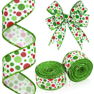 Hanaive 20 Yards Christmas Polka Dot Ribbon Xmas Wired Ribbon Christmas Tree Ribbons Decoration Green Red Polka Dot Printed Christmas Ribbons DIY Decorative for Wreaths Gifts Wrapping (1.5 Inch)