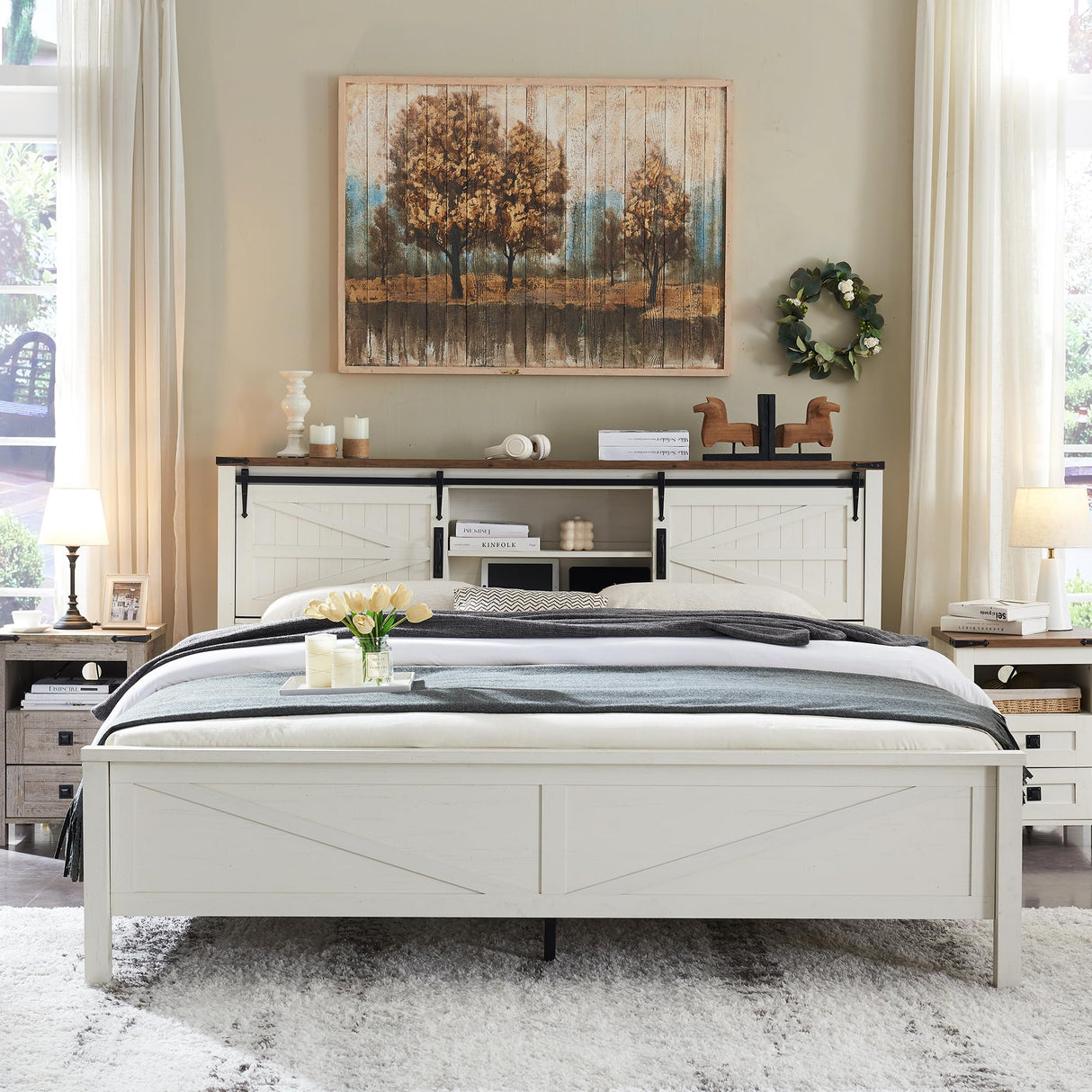 Farmhouse Antique White Queen Bed Frame with Storage Headboard and Barn Door Elegance T4TREAM