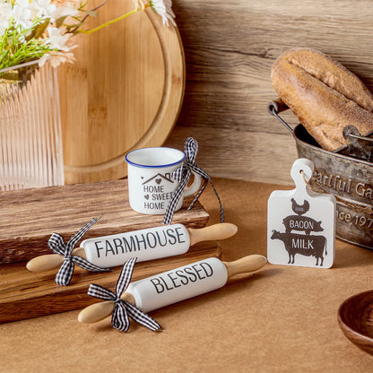 Yookeer 4pcs Farmhouse Tiered Tray Decor Farmhouse Mini Wooden Eggs Bacon Milk Sign Rustic Home Sweet Home Kitchen Tier Tray Decor Small Mug and Rolling Pins Rustic Table Decoration for Home Kitchen