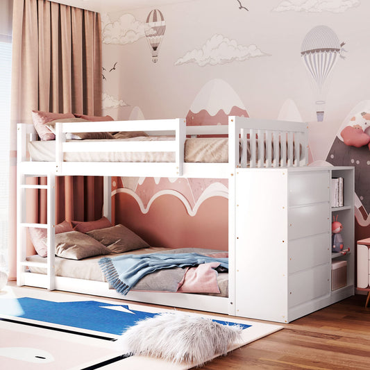 Harper & Bright Designs Twin Over Twin Bunk Bed with Storage, Wood Floor Bunk Beds with 4 Drawers and 3 Shelves, Low Bunk Bed, Twin Loft Bed for Kids, Girls Boys, Teens, Adults (White)