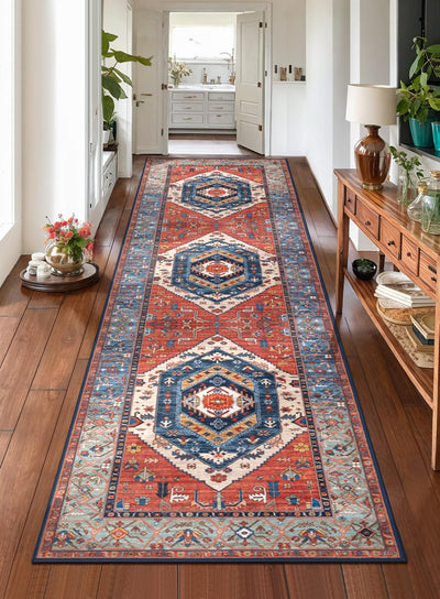SERISSA Boho Washable 2'6"x8' Non-Slip Vintage Rust Hallway Kitchen Runner Rug - Ultra Soft Print Distressed Tribal Floor Carpet for Bedroom Bathroom Laundry Room