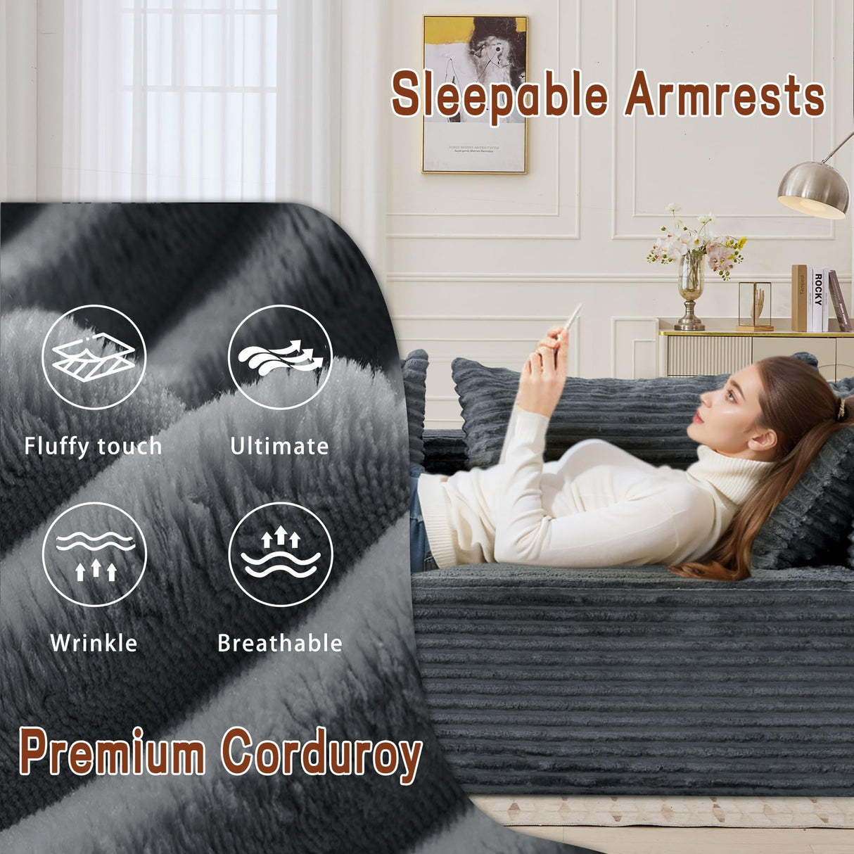 Korser 108" Sectional Couches for Living Room, Modular Sectional Sofa with L-Shape Chaise, Cloud Couch, Comfy Corduroy Fluffy Couch with Deep Seat and Side Pockets, No Assembly Required Korser