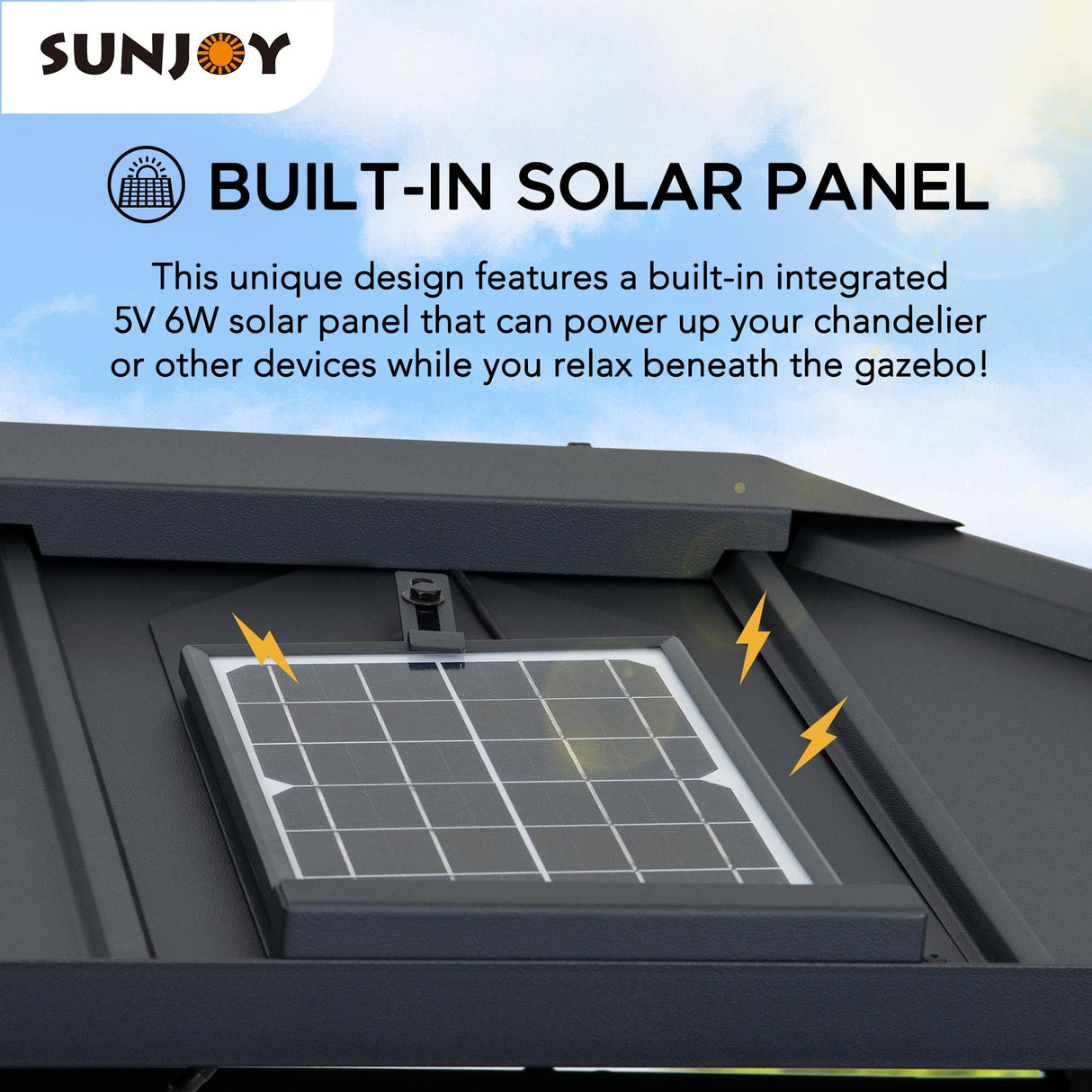 Sunjoy Hardtop Gazebo 10 x 12 ft. Outdoor Patio Aluminum Frame Gazebo with Solar Panel, 2-Tier Steel Hardtop Backyard Gazebo with Netting and Ceiling Hook, Black Sunjoy