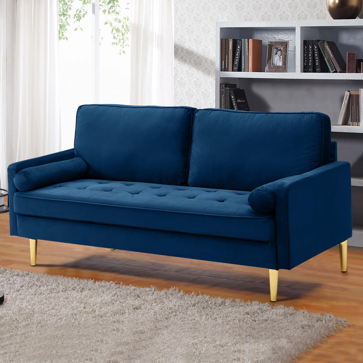 RXRRXY 67" Modern Velvet Loveseat Sofa Couch, Mid-Century Tufted Upholstered Small Love Seat Couch with 2 Pillows & 4 Golden Legs, 2-Seats Couches for Compact Space, Living Room, Apartment (Navy) RXRRXY