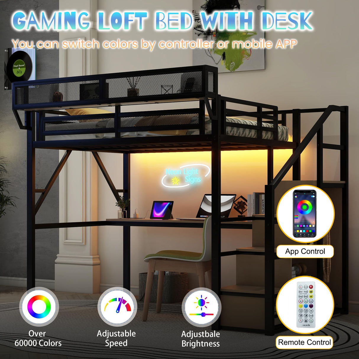 Full Loft Bed with Stairs and Desk, Metal Lofts Bed Full Size with Upper Storage Shelf, Gaming LoftBed with LED, Charging Station and Wardrobe for Teens, Adults,Black MoproBeti