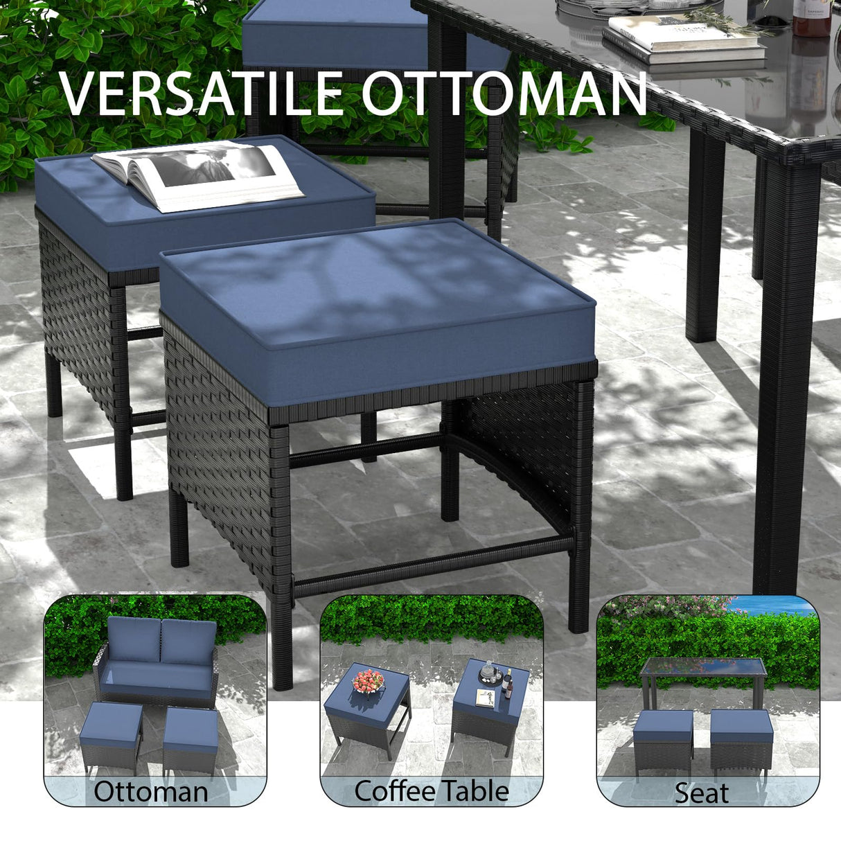 HLNPTN 7-Piece Patio Furniture Set, Outdoor Couch with Dining Table & Ottomans, PE Rattan Sofa Set with Cushions for Deck, Yard, Poolside (Blue) HLNPTN