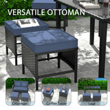 HLNPTN 7-Piece Patio Furniture Set, Outdoor Couch with Dining Table & Ottomans, PE Rattan Sofa Set with Cushions for Deck, Yard, Poolside (Blue) HLNPTN