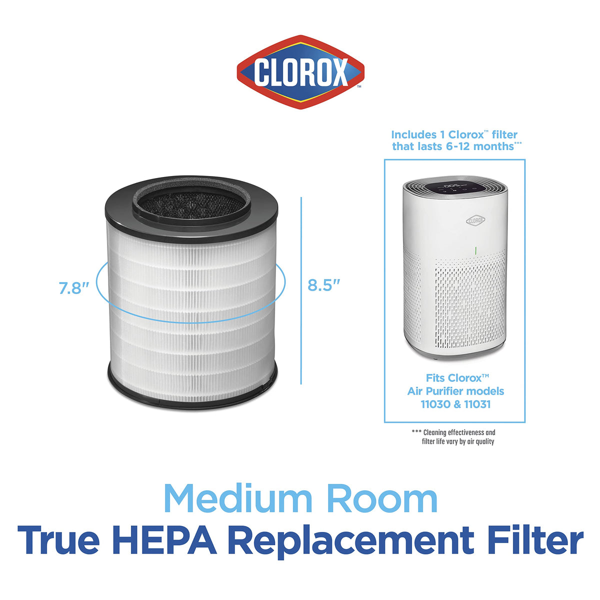 Clorox Medium Room Air Purifier True HEPA Replacement Filter, 1,000 Sq. Ft. Capacity, Removes 99.97% of Allergens up to 0.1 Micron, Compatible with 11030 & 11031, 1 Count (12030) Clorox Home Appliances