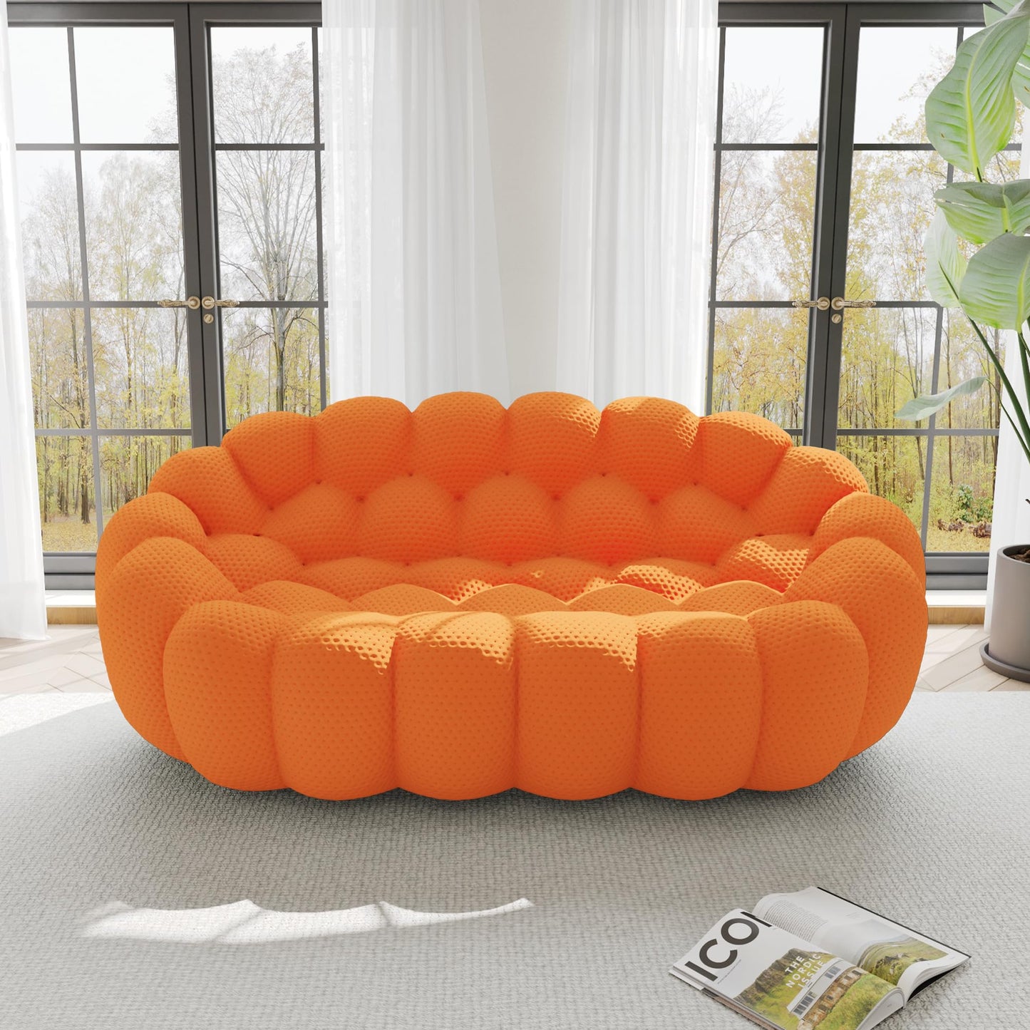 WJShome Bubble Loveseat Sofa,78.74'' Modern Upholstered Sofa, 2 Seater Mesh Fabric Love Seat Floor Sofa, 3D Honeycomb Shape Curved Couch for Living Room, Office, Apartment (Orange)