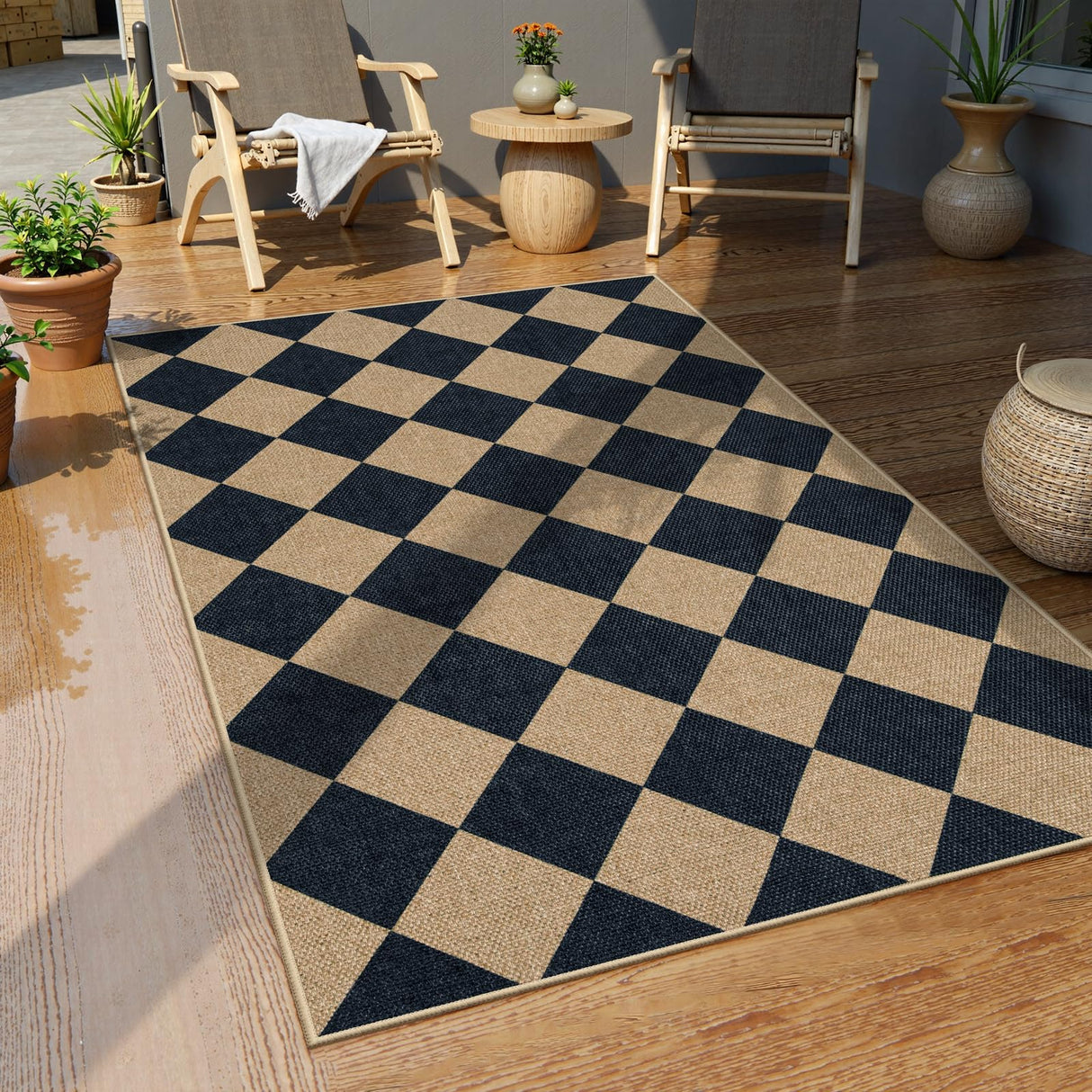 Lahome Checkered Easy Jute 3x5 Outdoor Patio Rug, Washable Rugs for Entryway Diamond Indoor Outdoor Living Room Carpet, Farmhouse Neutral Non Slip Black Door Carpet for Backyard Bedroom Lahome