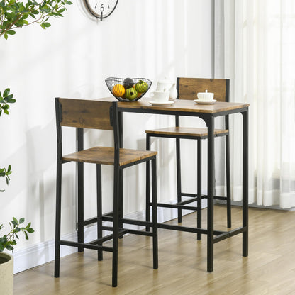 HOMCOM Rustic Brown 3-Piece Industrial Bar Table and Stool Set for Small Spaces