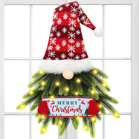 Christmas Wreath for Front Door, Lighted Gnome Christmas Door Wreath, Artificial Santa Xmas Hanging Sign for Door Window Wall Decorations Farmhouse Christmas Home Decor (Red) KaKaPops