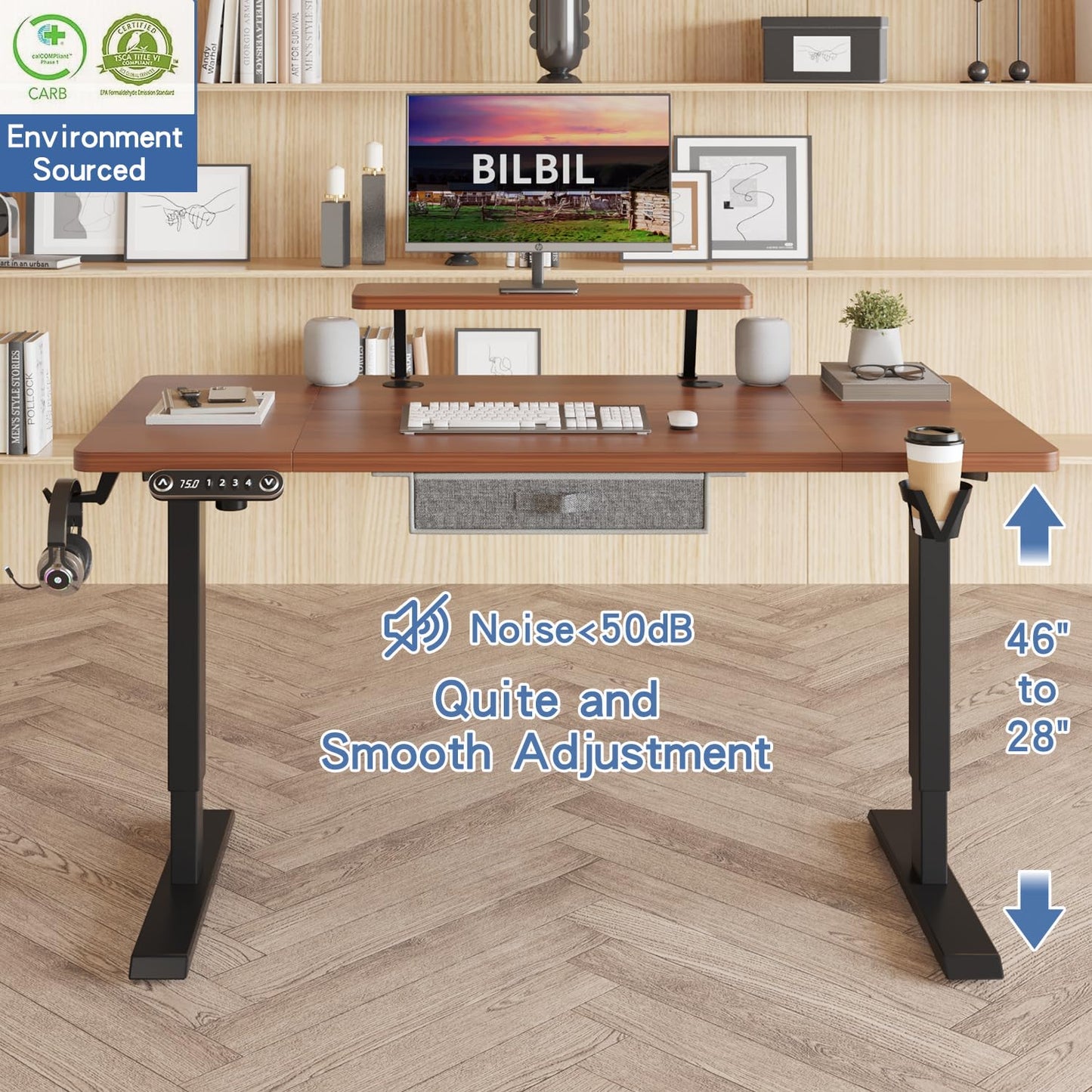 bilbil Electric Standing Desk with Drawer, 55x30 Inches Adjustable Height Sit Stand Up Desk with Storage Shelf, Home Office Desk Computer Workstation with Dark Walnut Top/Black Frame - WoodArtSupply