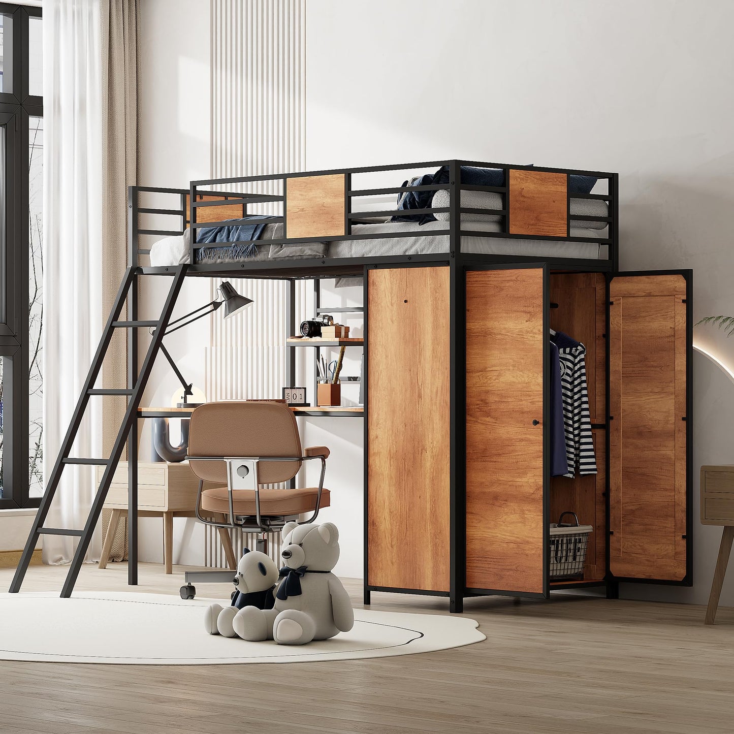 Twin Loft Bed with Desk and Storage Shelf, Twin Size Loft Bed with Wardrobe and L-Shaped Desk, Heavy Duty Loft Bed with Ladder and Guardrail(Twin Loft Bed Black)