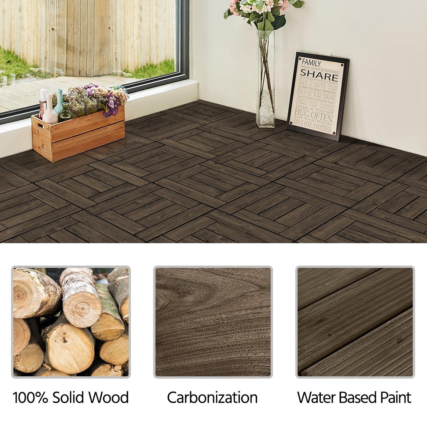 Topeakmart 27PCS Patio Deck Tiles Interlocking Wood Composite Decking Floor Tiles 12 x 12in Dark Brown for Outdoor & Indoor Patio Garden Deck Poolside