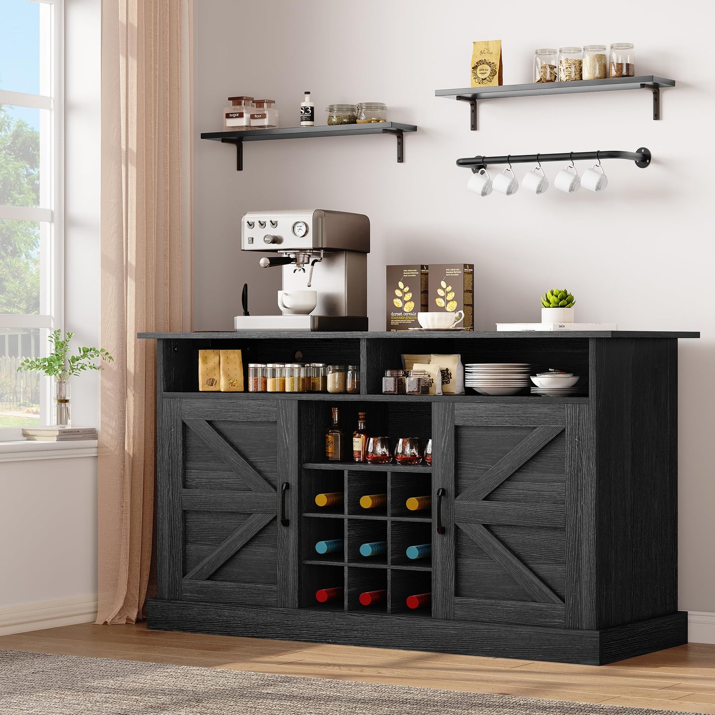 YITAHOME 52" Farmhouse Buffet Cabinet with Power Outlet & Floating Shelves in Black Oak - WoodArtSupply