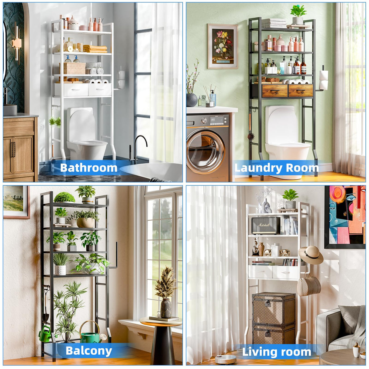 Simple Trending 4 Tier Over The Toilet Storage with Drawers, Heavy Duty Bathroom Stand Organizer Metal Shelves for Laundry, White Simple Trending