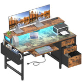 Lufeiya Computer Desk with File Drawers Cabinet, 47 Inch Home Office Desks with Keyboard Tray, Gaming Desk with LED Lights and Power Outlets, Writing Table PC Desks with Monitor Stand, Rustic Brown Lufeiya