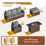 UDPATIO Outdoor Patio Furniture Set with 44" Fire Pit Table, 6 Pieces Sectional Conversation Sets, All-Weather Wicker Rattan Sofa Ottoman with 4" Thick Cushion for Garden Backyard Deck, Dark Grey UDPATIO