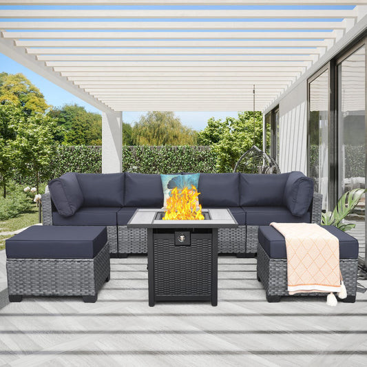 WAROOM Patio Furniture Set 7 Pieces Gray Rattan Outdoor Sectional Sofa PE Wicker Conversation Couch Sets with Propane Fire Pit Table, Anti-Slip 5" Thick Navy Blue Cushion - WoodArtSupply