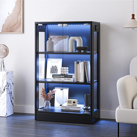 Airynee Display Cabinet with Glass Doors 3-Tier, 7 Vibrant Colors 3 Dynamic Lighting Modes HD Glass Storage Cabinet with Human Body Sensor(Black) Airynee