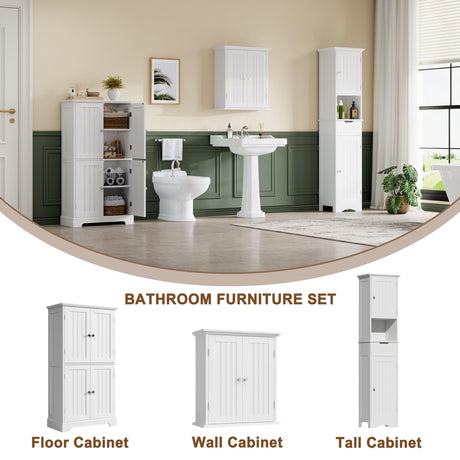 ChooChoo Bathroom Floor Cabinet, Modern Bathroom Storage Cabinet with 4 Doors and Adjustable Shelves, Freestanding Cupboard for Living Room, White ChooChoo