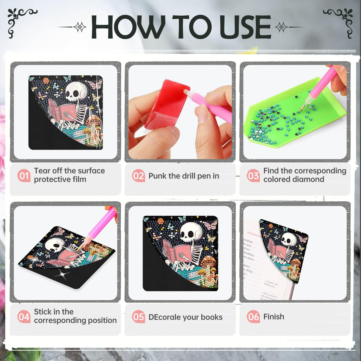 INCOK Skull Diamond Art Bookmarks - 6 Pcs DIY Diamond Painting Corner Bookmarks Kits Double Side Art Craft Supplies Birthday The Day of Dead Gift for Adults Beginners Book Lovers Skull Lovers Mexicans INCOK