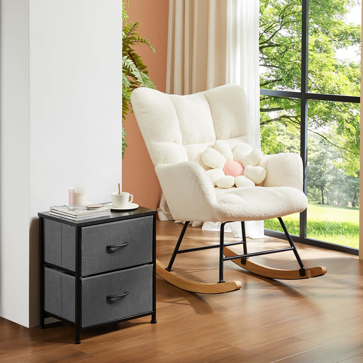 DUMOS Nightstand Set of 2, Small Dresser with 2 Fabric Drawers Side Bedroom End Table Kids Bedside Storage Furniture for 25 inch Tall Night Stand for Closet, Entryway, College Dorm, Grey, M-2 Pack DUMOS