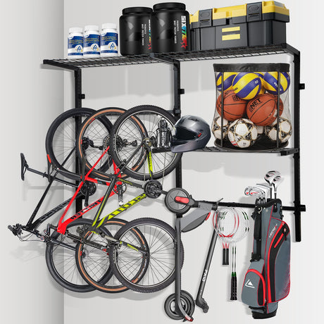 NouraVita Sports Equipment Storage for Garage - Indoor/Outdoor Sports Rack Wall Mounted with 2 Shelf Sports Equipment Storage for Garage with Hooks Toy/Sports Gear Storage 500 Pounds Capacity NouraVita