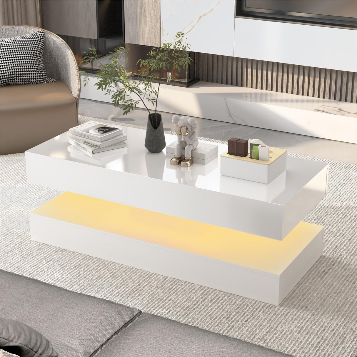Uspeedy 47.3IN High Glossy LED Coffee Table,APP LED Lights,Black/White, Modern Furniture for Living Room (White) Uspeedy