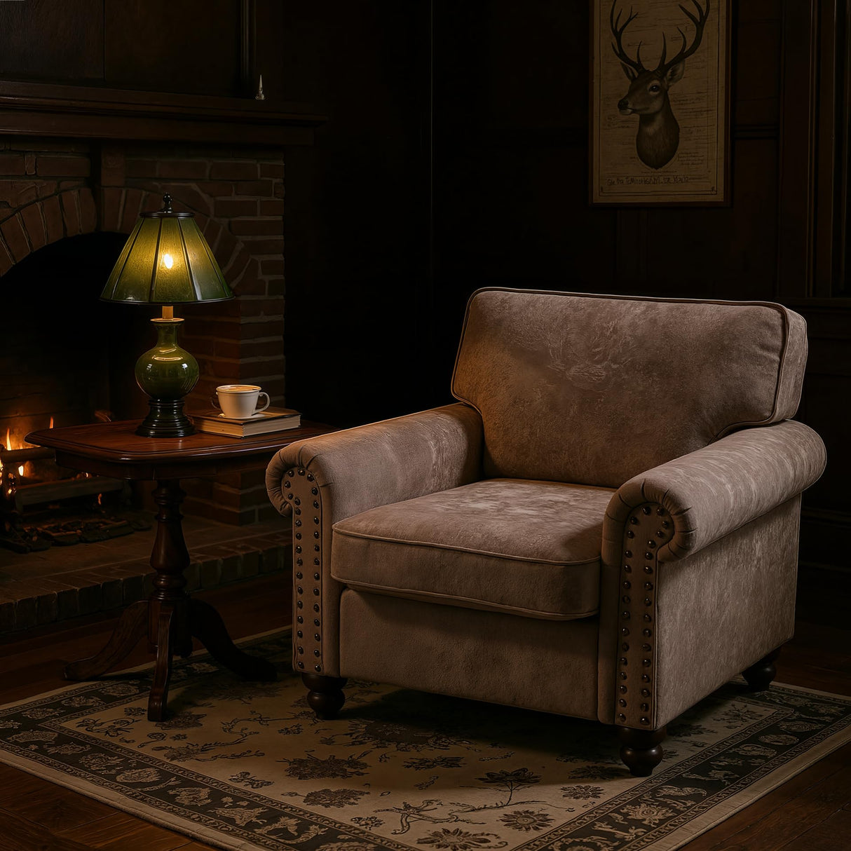 Sivoey Nailhead Armchair, Rolled Arms Accent Chair for Living Room, Single Sofa Chair with Springs Seat Cushion & Wooden Legs, Mid-Century Armchair for Apartment, Office, Farmhouse, Light Brown Sivoey