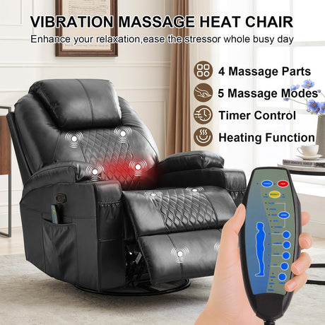 DUNELLA Power Swivel Rocker Recliner Chair for Adults with Heat and Massage, LED Lights, USB and Type-C Ports, Electric Glider Recliner Nursery Chair for Living Room(Black, Single Sofa) DUNELLA