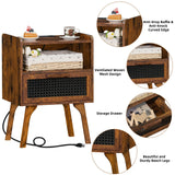 Lerliuo Rattan Nightstands Set of 2 with Charging Station, Boho Side Table with Drawer Open Shelf, Cane Accent Bedside End Table with Solid Wood Legs for Bedroom, Dorm and Small Spaces (Brown) Lerliuo