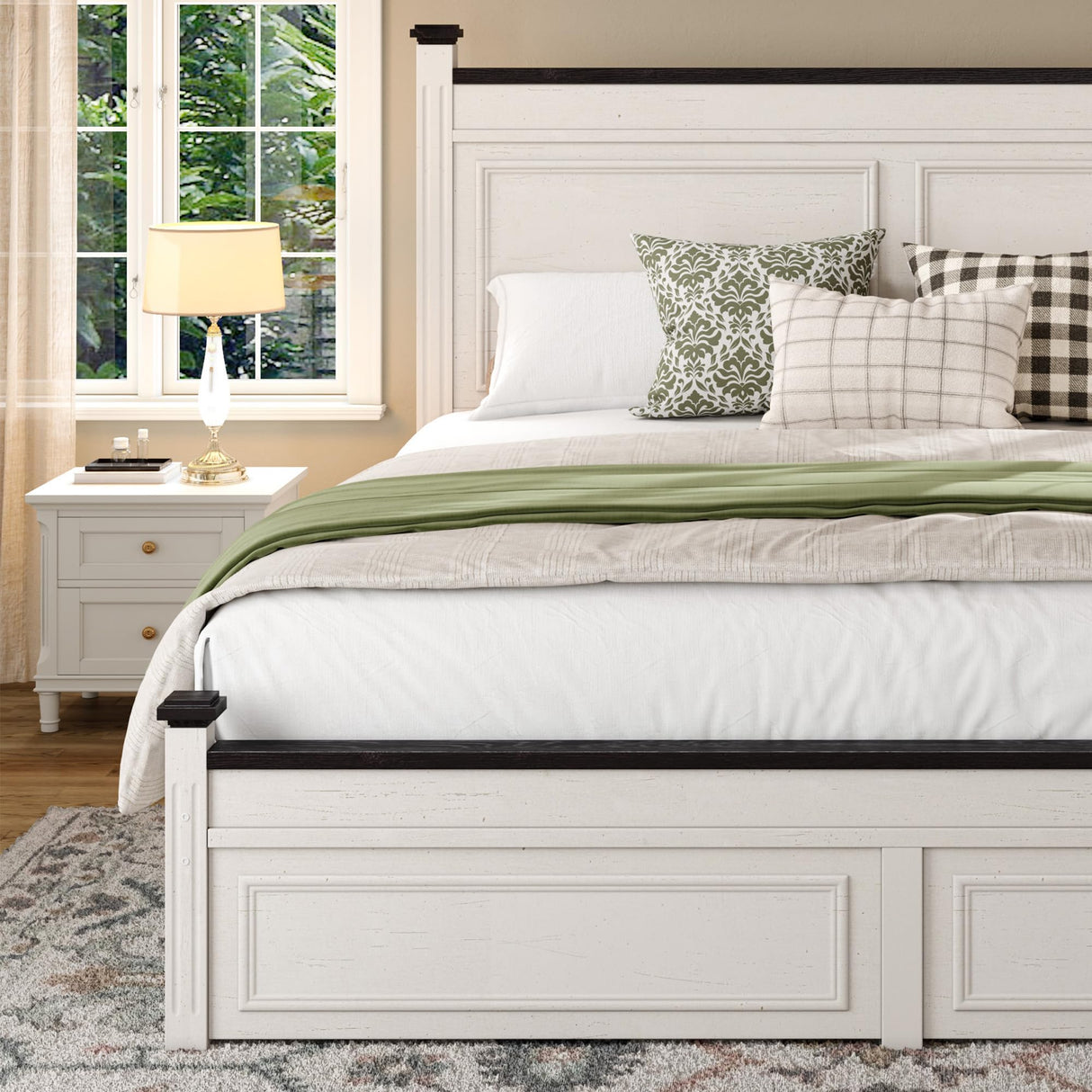 Homkdom King Size Bed Frame with Tall Headboard,Bed Frame King with Storage,2 Drawers,Farmhouse,Wooden,No Noise,No Box Spring Needed,White Homkdom
