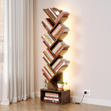 Hoctieon 9 Tier Tree Bookshelf, Tall Bookcase, Freestanding Book Shelf with LED Lights, Display Floor Standing Storage Shelf, Book Organizer Shelves for Home Office, Living Room, Rustic Brown Hoctieon