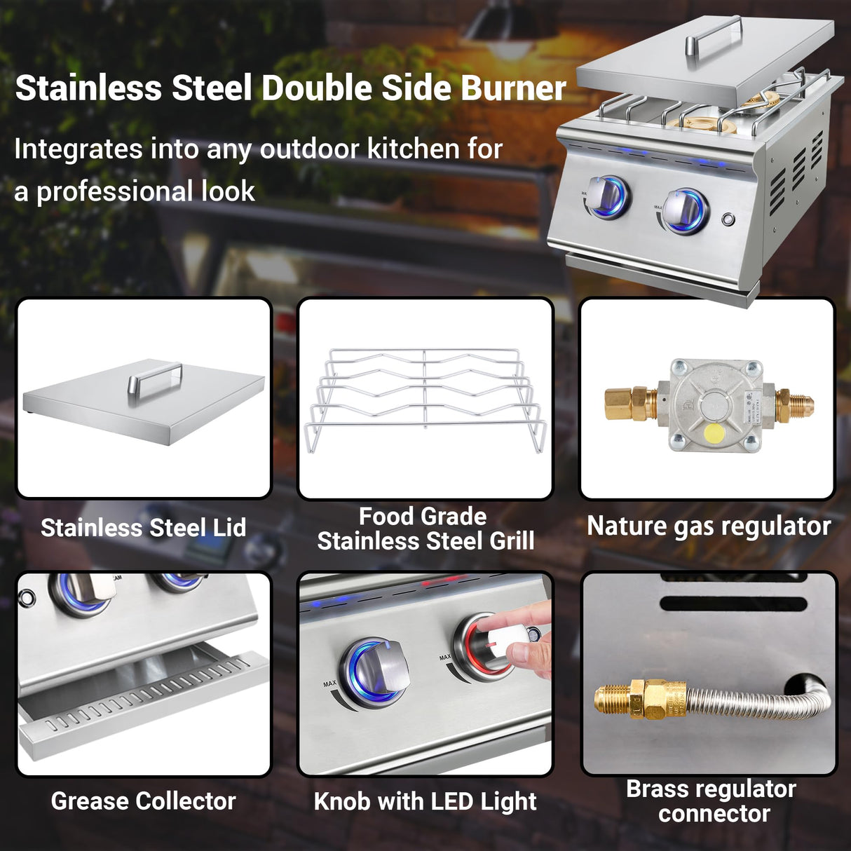 Livory Double Grilling Side Burners for Outdoor Kitchen, 2 * 17,000BTU Nature Gas Burners, Duty Heavy 304 Stainless Steel, Built-in Side Burner for BBQ Island Grill (Nature Gas) Livory