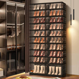EHAMILY 10 Tiers 20-40 Pairs Foldable Shoe Boxes Large Plastic Shoe Storage Rack Collapsible Shoe Organizer for Closet Clear Stackable Shoes Shelf Storage Cabinet with Doors Quick Assembly Black EHAMILY